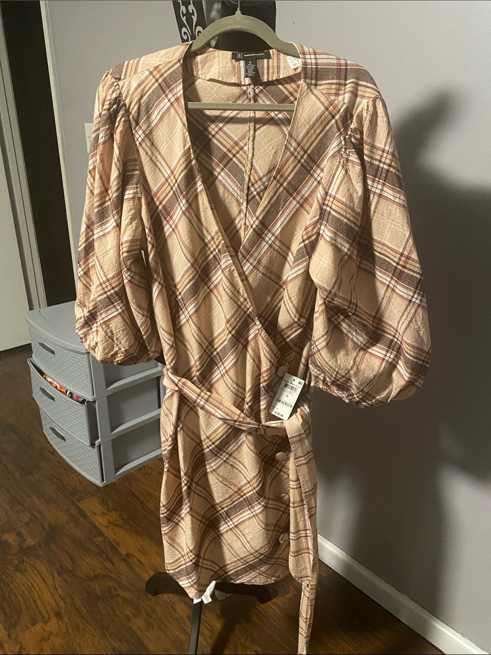 INC International Concepts Plaid Wrap Midi Dress in Beige and Brown